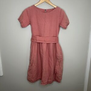 Simply Grey XS Coral Linen Dress Short‎ Sleeve Belted Pockets Casual